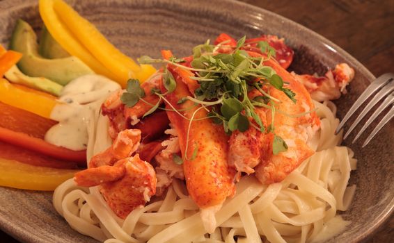 Maine lobster over a bed of linguini with micro greens, colorful peppers and avocado sauce.