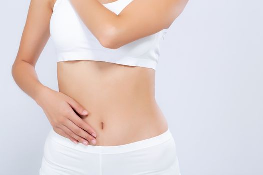 Closeup asian woman beautiful body diet with fit isolated on white background, model girl weight slim with cellulite or calories, health and wellness concept.