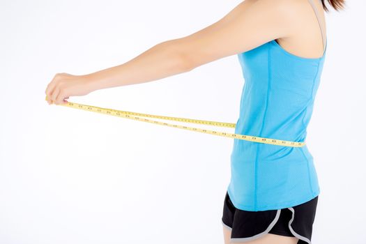 Asian woman in sport clothes and body slim with measuring waist for weight isolated on white background, girl exercise have cellulite and calories loss with tape measure, health concept.