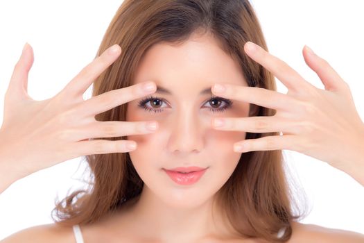 Portrait of beautiful woman makeup of cosmetic, girl hand eye and smile attractive, face of beauty perfect with wellness isolated on white background with skin healthcare concept.