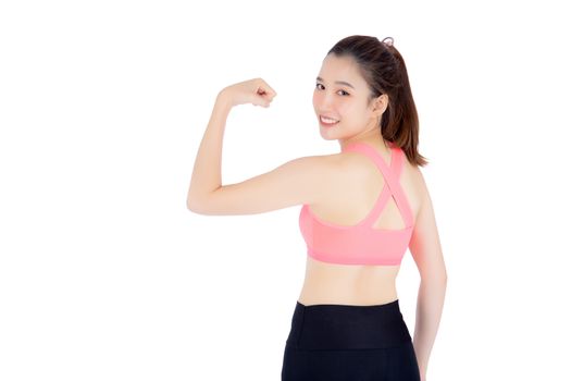 Beautiful portrait young asian woman wear sport clothes have strong and muscle with health, girl show biceps with exercise and workout for wellness isolated on white background, strength concept.