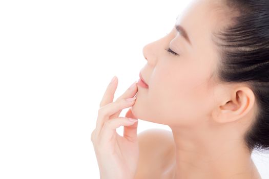 Portrait of beautiful woman asian makeup of cosmetic, girl hand touch chin and smile attractive, face of beauty perfect with wellness isolated on white background with skin healthcare concept.