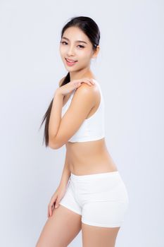 Portrait young asian woman smiling beautiful body diet with fit isolated on white background, model girl weight slim with cellulite or calories, health and wellness concept.