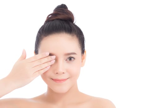 Portrait of beautiful woman makeup of cosmetic, girl hand close eye and smile attractive, face of beauty perfect with wellness isolated on white background with skin healthcare concept.