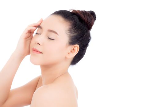 Portrait of beautiful woman asian makeup of cosmetic, girl hand touch cheek and smile attractive, face of beauty perfect with wellness isolated on white background with skin healthcare concept.