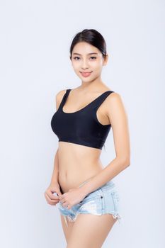 Portrait young asian woman smiling beautiful body diet with fit isolated on white background, model girl weight slim with cellulite or calories, health and wellness concept.