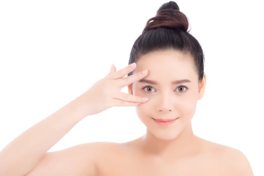 Portrait of beautiful woman makeup of cosmetic, girl hand eye and smile attractive, face of beauty perfect with wellness isolated on white background with skin healthcare concept.