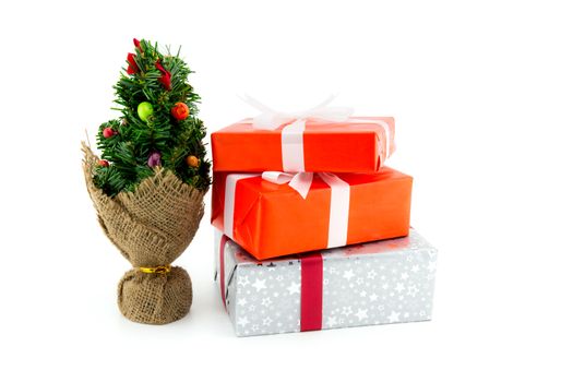 Many gift box white ribbon and tree isolated on white background, using for christmas and new year or holiday other.