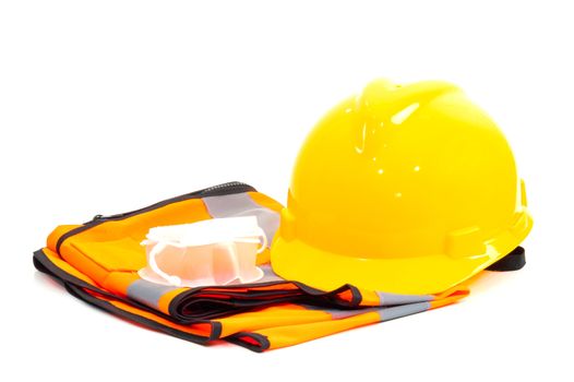 Yellow helmet an orange shirt and dust mask industry on a white background
