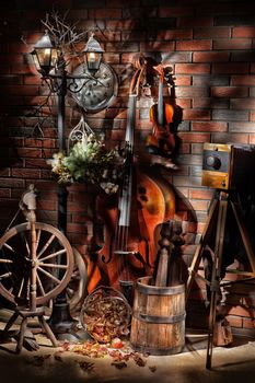 Still life with old double bass in country style