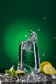 Glass of water, crystals of ice and lime