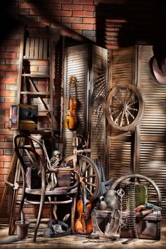 Still life with old ladder, violins and wooden ladder