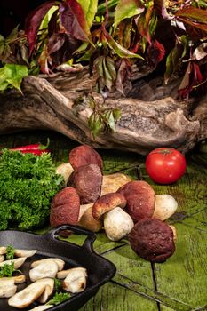 Mushrooms and vegetable on an old wood