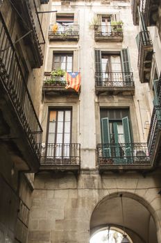 House in Barcelona city with a lot of flags of independent Catalonia
