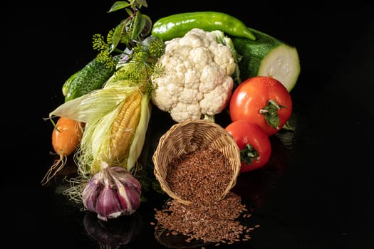 Still life with vegetables on a glass background