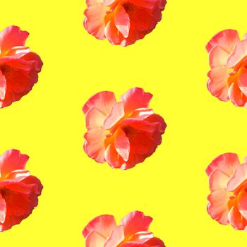 Seamless pattern with roses on a yellow background. Flat lay, top view. Pop art creative design for textile, fashion, wallpaper, fabric, wrapping paper.