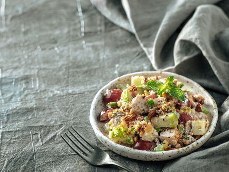 Waldorf salad with copy space. American fruit and nut salad with apples, celery, grapes, chicken meat, dressed mayonnaise. Craft plate with ready-to-eat waldorf salad on gray background