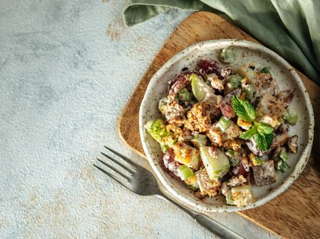 Waldorf salad with copy space. American fruit and nut salad with apples, celery, grapes, chicken meat, dressed mayonnaise. Craft plate with ready-to-eat waldorf salad on gray background. Top view