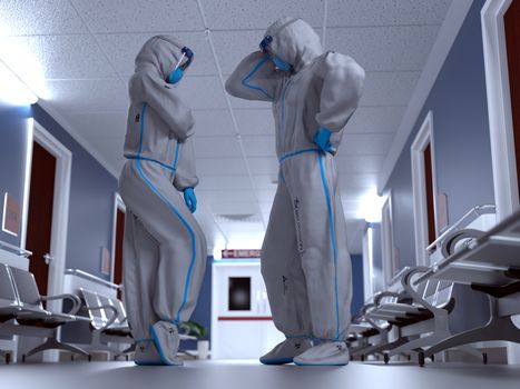 Doctor and nurse wearing Personal protective equipment and talking inside a hospital - 3d rendering