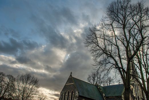 London, UK -  Feb 13, 2019 : View of Christ Church on Turnham Green. Chiswick High Road, West London.