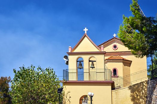 Orthodox church with a belfry on the island of Kefalonia in Greece
