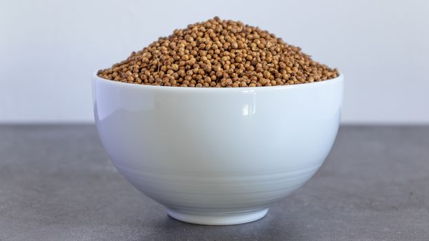 Coriander Seeds Bowl front view Neutral background with negative space to add captions