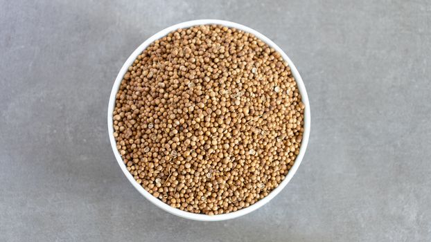Coriander Seeds Bowl Top View Neutral background with negative space to add captions