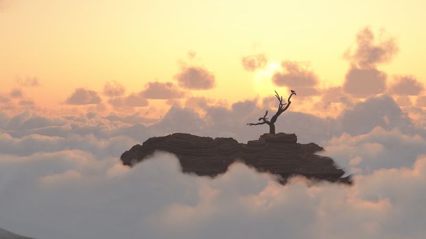 Mountain Sunrise. Bird on a dry branch. 3D rendering