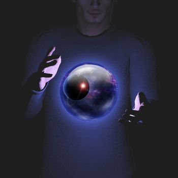 Man holds planet and space in sphere between his hands. 3D rendering