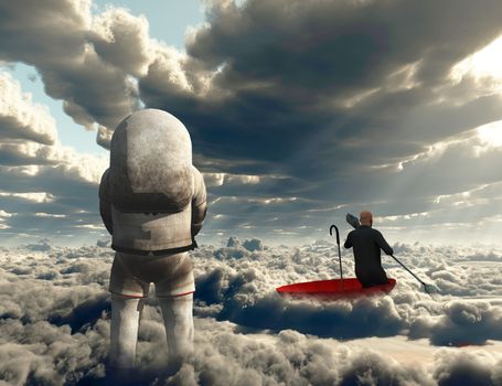 Surreal painting. Man floats in red umbrella. Figure of astronaut. 3D rendering