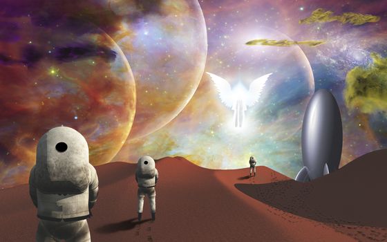 Astronauts on alien planet and their rocket ship greeted by angelic glowing winged figure. 3D rendering
