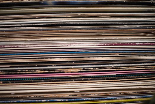 High angle view of assortment of vinyl records