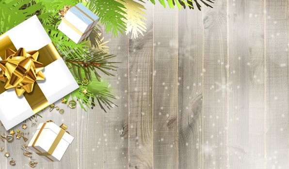 Xmas design over wood with Christmas gift boxes, gold bows on wooden background with snow. Realistic 3D card. 3D render. Place for text, flat lay