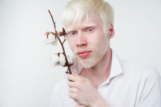 albinism Happy smile albino man white skin hair soft fluffy cotton brunch studio dressed t-shirt isolated white background abnormal deviations unusual appearance abnormality Beautiful people