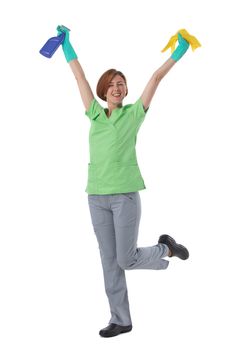 Cleaner woman with spray and rag in raised arms isolated on white background, full length portrait