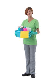 Cleaner woman with detergent spray container isolated on white background, full length portrait