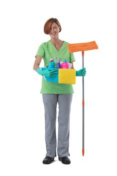 Cleaner woman with mop and detergent spray container isolated on white background, full length portrait