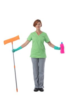 Cleaner woman with mop and detergent cleaning supplies isolated on white background, full length portrait