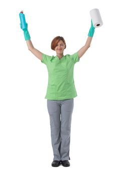 Cleaner woman with cleaning supplies bottle and rag roll of dust cloth isolated on white background, full length portrait