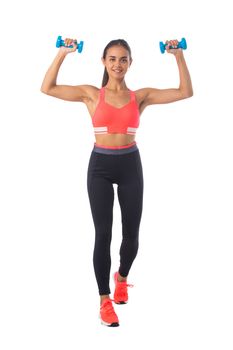 Healthy hispanic fitness girl with dumbbells working out isolated on white background