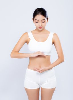 Portrait young asian woman weightloss smiling beautiful body diet with fit presenting something copy space on hand isolated on white background, girl weight slim with cellulite, health concept.