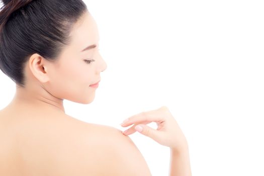 Portrait of beautiful asian woman makeup of cosmetic, girl touch shoulder and smile attractive, face of beauty perfect with wellness isolated on white background with skin healthcare concept.