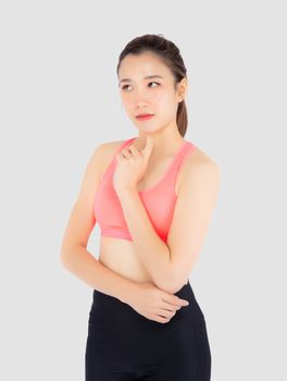 Beautiful portrait young asian woman in sport clothing with satisfied and confident isolated on white background, girl asia have shape and wellness, exercise for fit with health concept.