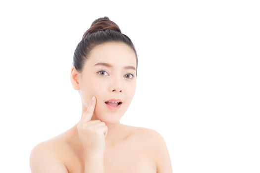 Portrait of beautiful woman asian makeup of cosmetic, girl hand touch cheek and smile attractive, face of beauty perfect with wellness isolated on white background with skin healthcare concept.
