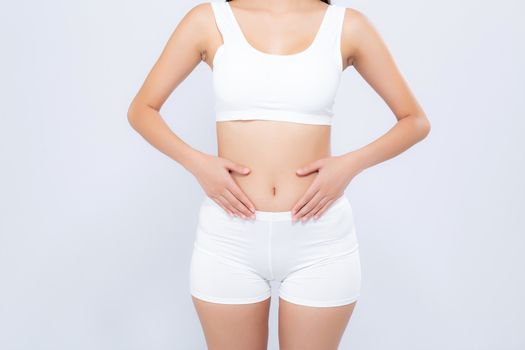 Closeup asian woman beautiful body diet with fit isolated on white background, model girl weight slim with cellulite or calories, health and wellness concept.