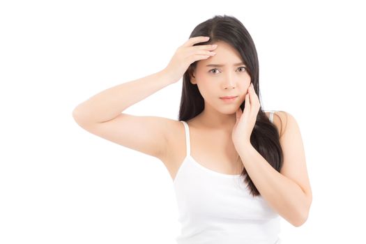 Portrait of beautiful woman asian is a acne, zit treatment, girl problem beautiful face, beauty perfect with wellness isolated on white background with skin healthcare concept.
