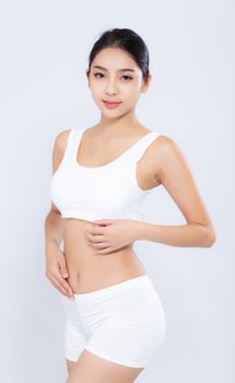 Portrait young asian woman smiling beautiful body diet with fit isolated on white background, model girl weight slim with cellulite or calories, health and wellness concept.