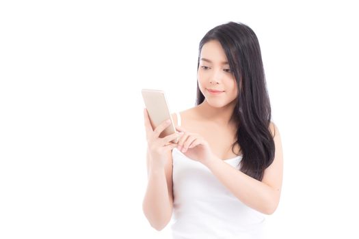 Beautiful of portrait asian young woman smile and happy talking calling with mobile phone isolated on white background, communication concept.