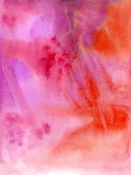 Hand drawing watercolor in red, orange and purple colors on texture paper. Background for cards, collages, designs, titles, price tags, flyers and so on.