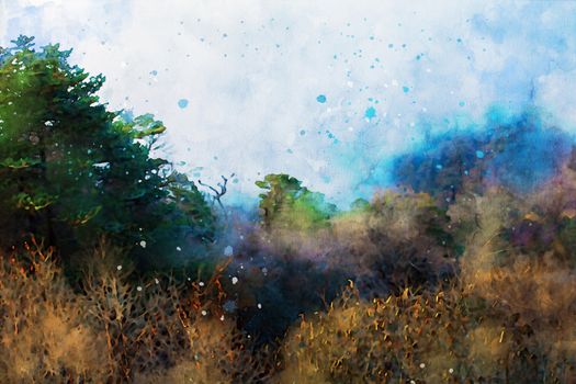 Semi-abstract image of pine forest on mountain with fog, digital watercolor painting